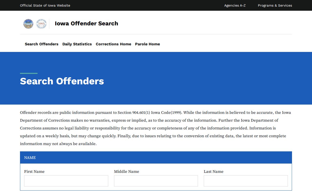 Official Iowa Department of Corrections offender search form