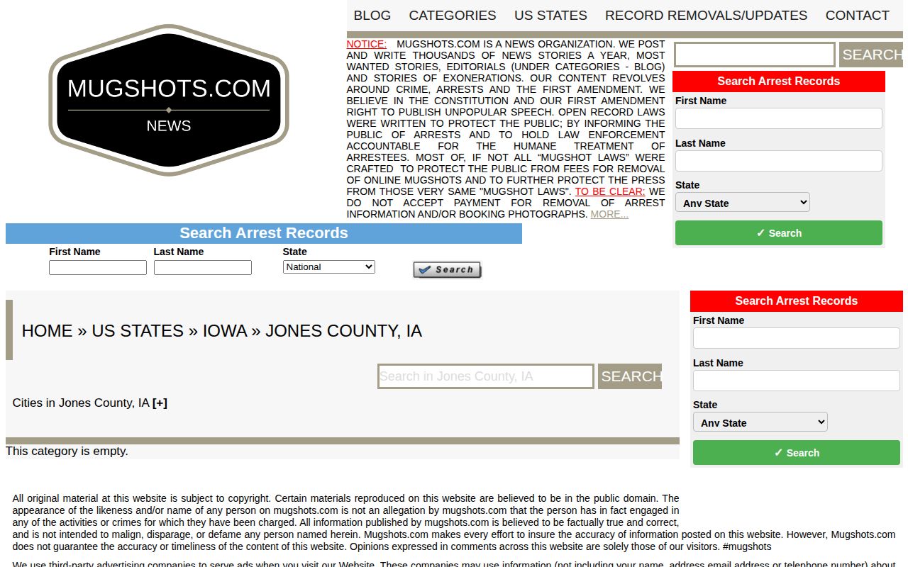 Unofficial Mugshots.com Jones County category showing no current records